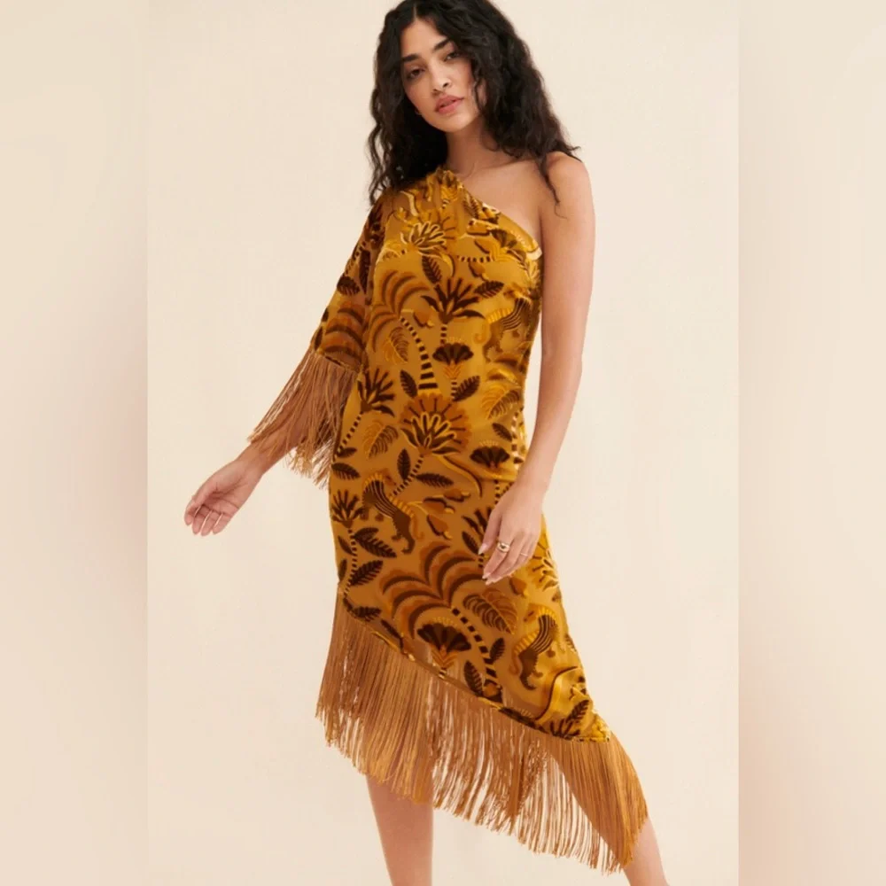 Farm Rio Velvet One Shoulder Fringe Dress - Picture 3 of 5